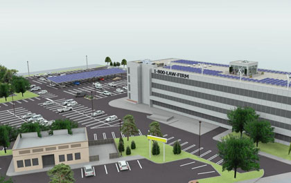 Srinergy, a Novi-based clean energy company, is installing solar panels, wind turbines, high-efficiency outdoor lighting, and electric vehicle recharging stations in the 1-800 building complex in Southfield, Mich. (Graphic courtesy Srinergy)